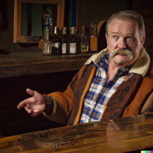 Image generated by DALL-E using the same prompt that Alan Levine used: A know it all man like Cliff Clavin sits at a wooden bar, talking like an expert, photographic style