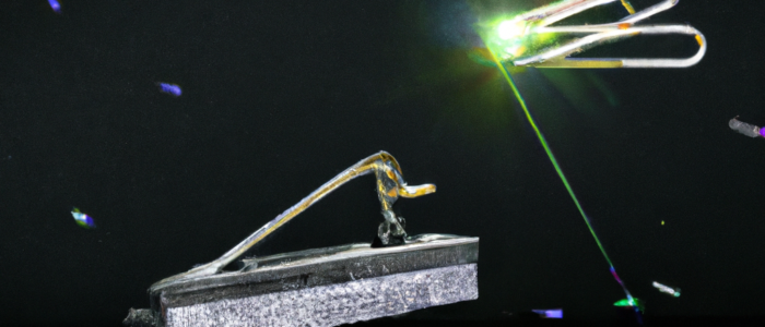 A digital image generated by DALL-E using the prompt, "a-heavily-armed-spaceship-in-a-laser-battle-with-a-giant-paperclip"