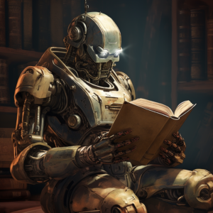 A robot sitting in a library reading a printed book, generated by Midjourney