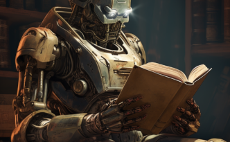 A robot sitting in a library reading a printed book, generated by Midjourney