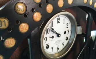 The image features a close-up of a vintage mechanical device with a circular clock face in the center. The clock has a white background, black numerals, and ornate black hands. Surrounding the clock is an arched metallic frame with numbered buttons, each encased in a yellowish, translucent material, labeled with numbers such as 91, 92, 93, and 94. The device appears to be an antique timekeeping or numbering mechanism, possibly part of an industrial or railway system, with a nostalgic, retro aesthetic.