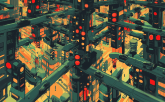 Midjourney prompt: an intersection of uncountably many streets with hundreds of traffic lights, some showing red, some showing green, in a near-future sci-fi M.C. Escher style
