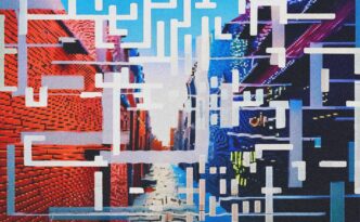 This image features 3 images of a street. Overlying the image are different shapes which are arranged to look like QR code symbols. These are in white/blue colours and intersect one another. The first image is clear, but the second is slightly more pixelated, and the final image is very pixelated.