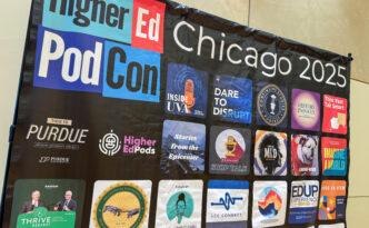 A large HigherEd PodCon banner featuring logos from a variety of higher ed podcasts