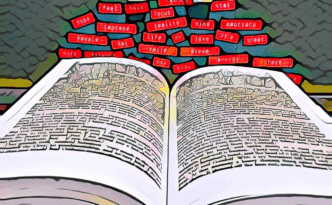 A black keyboard at the bottom of the picture has an open book on it, with red words in labels floating on top, with a letter A balanced on top of them. The perspective makes the composition form a kind of triangle from the keyboard to the capital A. The AI filter makes it look like a messy, with a kind of cartoon style.