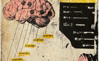 A brain diagram shows ChatGPT has replaced core functions of the brain, while a young girl in the bottom right covers her eyes in horror. Degraded imagery of screwdrivers and the words “Control of the Brain” frame the collage.