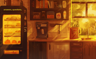 Midjourney prompt: A split scene: on one side a shiny AI vending machine instantly dispensing perfect ready-made meals labeled "answers," on the other side a cozy kitchen where ingredients labeled "questions," "practice," and "analogy" are slowly being cooked into a meal, warm colors, playful metaphor, slightly surreal, storybook illustration style