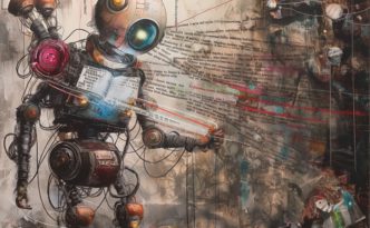 One of Midjourney's versions of the prompt "a robot weaving together words like a giant tapestry"